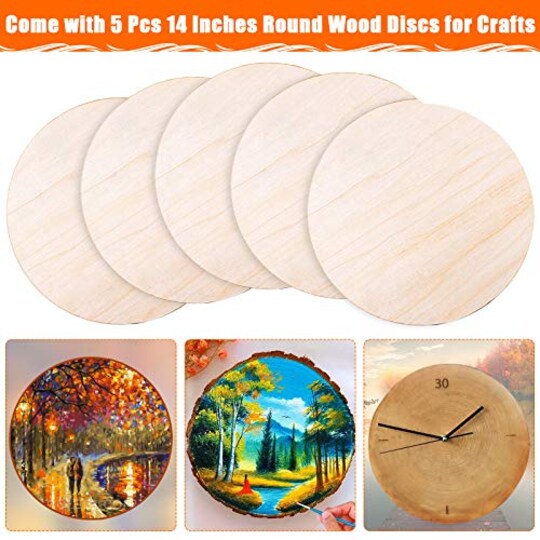 5 Pieces Round Wood Discs for Crafts, Audab 14 Inch Wood Circles Unfinished Wood Rounds Plaque for Door Hanger, Door Design, Wood Burning